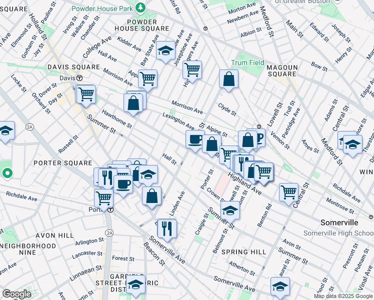 map of restaurants, bars, coffee shops, grocery stores, and more near 9 Eastman Road in Somerville