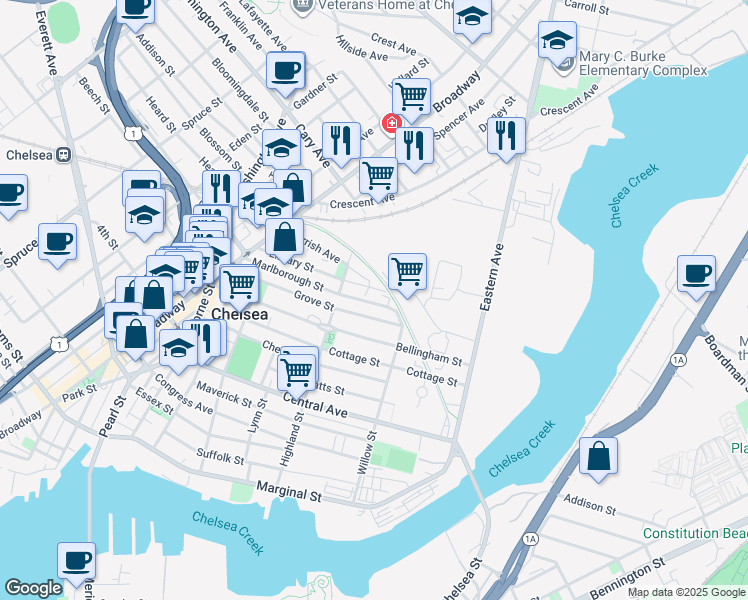 map of restaurants, bars, coffee shops, grocery stores, and more near 154 Grove Street in Chelsea