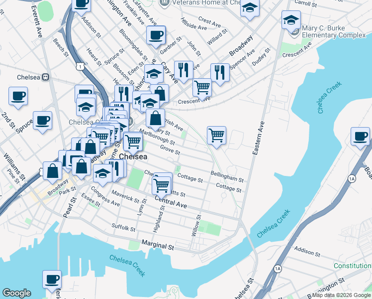 map of restaurants, bars, coffee shops, grocery stores, and more near 125 Grove Street in Chelsea