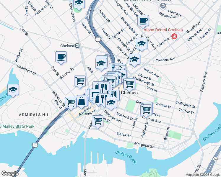 map of restaurants, bars, coffee shops, grocery stores, and more near 15 4th Street in Chelsea
