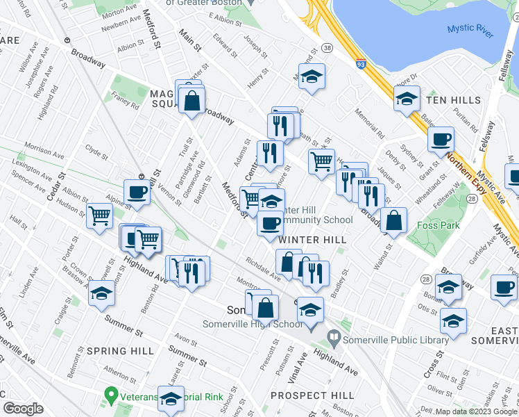 map of restaurants, bars, coffee shops, grocery stores, and more near 50 Thurston Street in Somerville