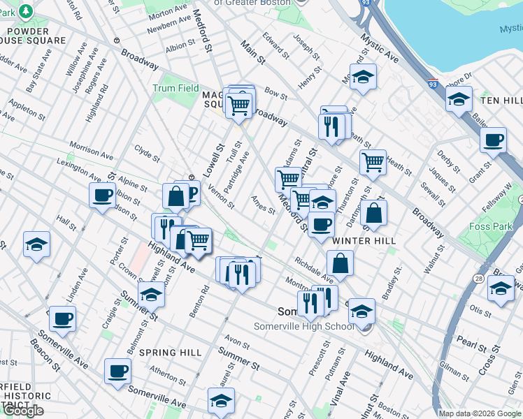 map of restaurants, bars, coffee shops, grocery stores, and more near 122 Central Street in Somerville