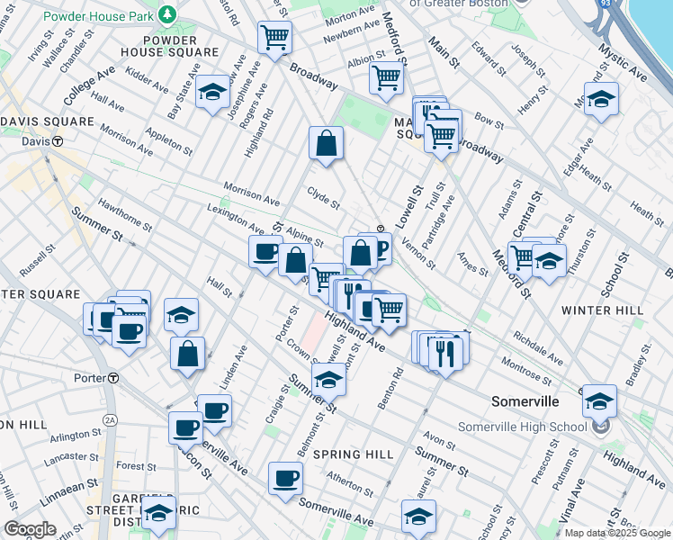 map of restaurants, bars, coffee shops, grocery stores, and more near 121 Hudson Street in Somerville