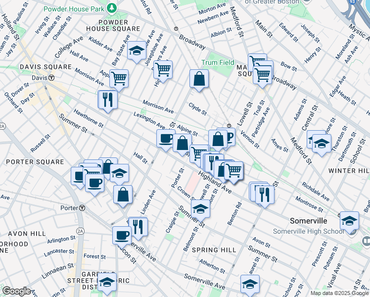 map of restaurants, bars, coffee shops, grocery stores, and more near 257 Highland Avenue in Somerville