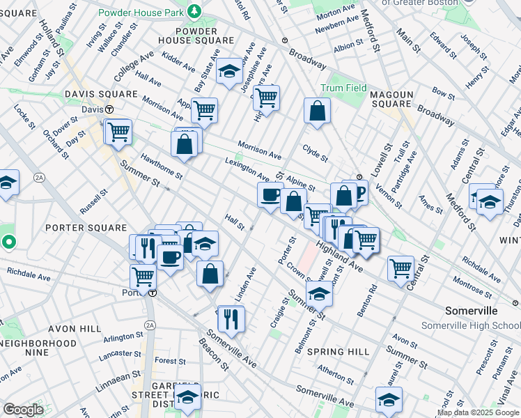 map of restaurants, bars, coffee shops, grocery stores, and more near 9 Eastman Road in Somerville