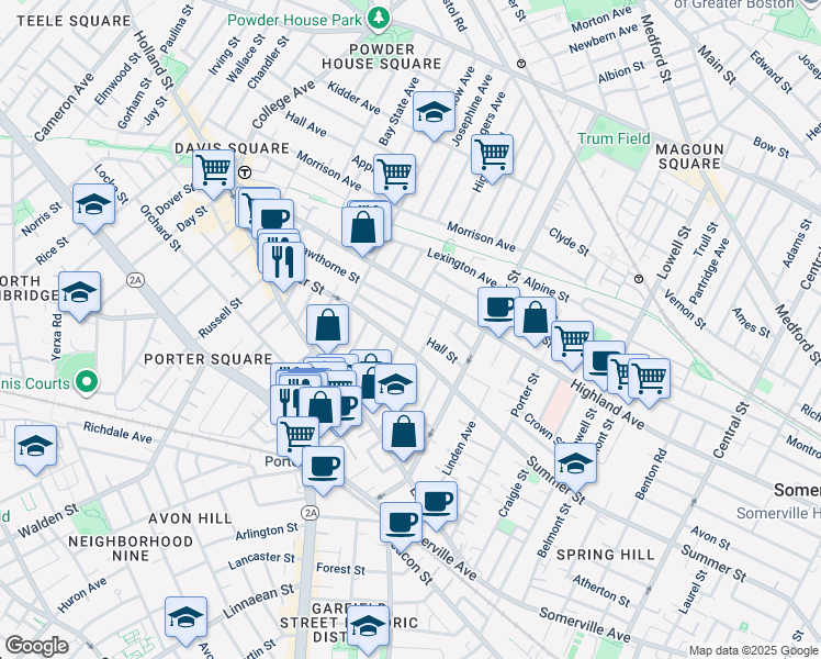 map of restaurants, bars, coffee shops, grocery stores, and more near 283 Summer Street in Somerville