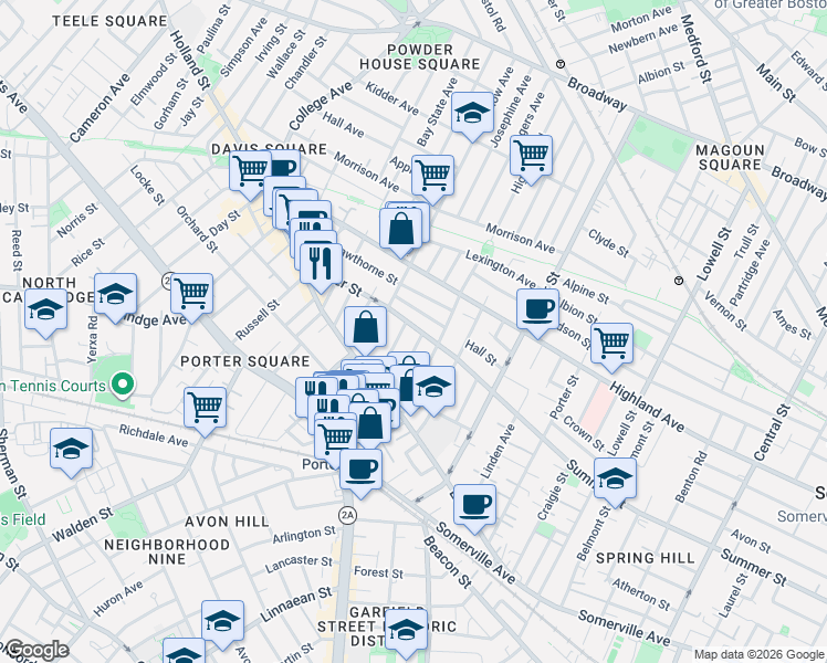 map of restaurants, bars, coffee shops, grocery stores, and more near 41 Burnside Avenue in Somerville