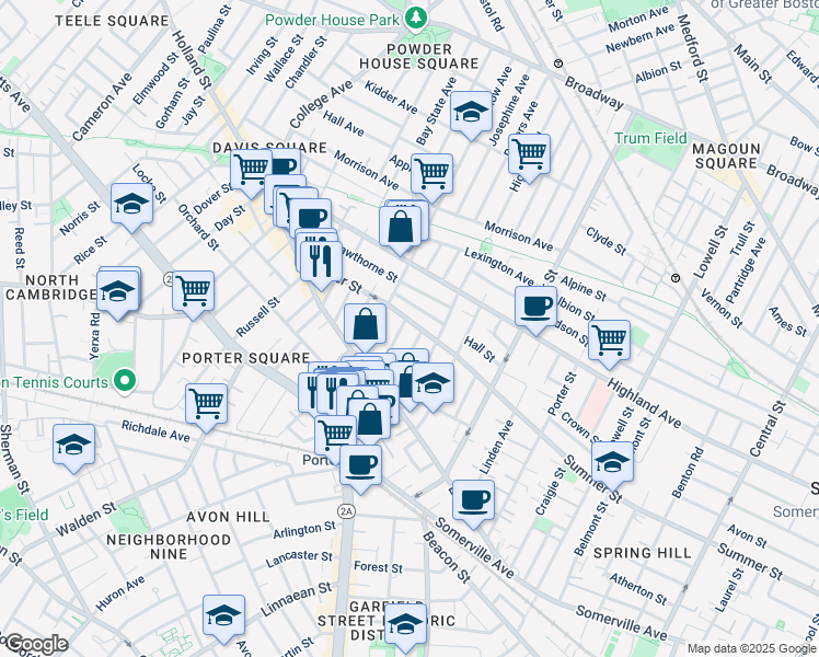 map of restaurants, bars, coffee shops, grocery stores, and more near 41 Burnside Avenue in Somerville