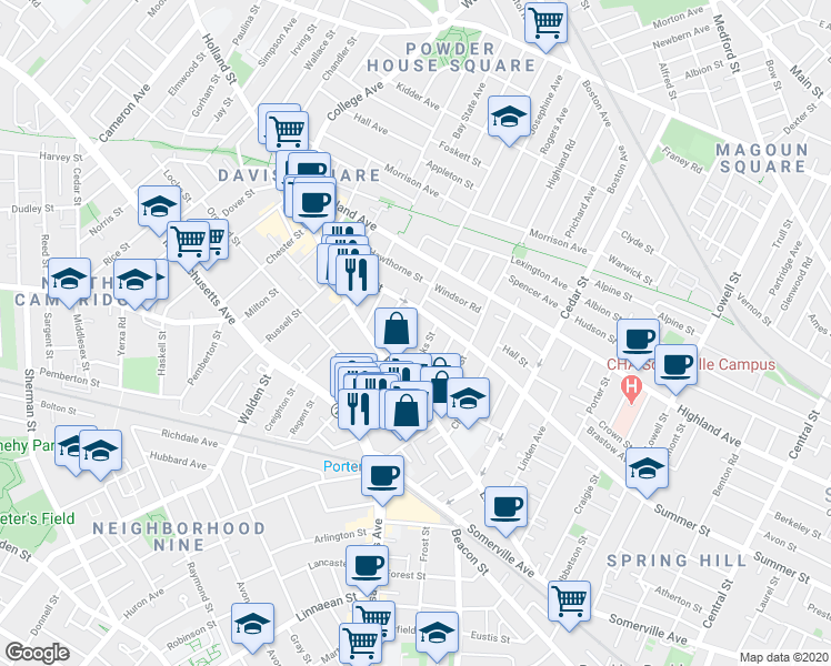 map of restaurants, bars, coffee shops, grocery stores, and more near 16 Banks Street in Somerville