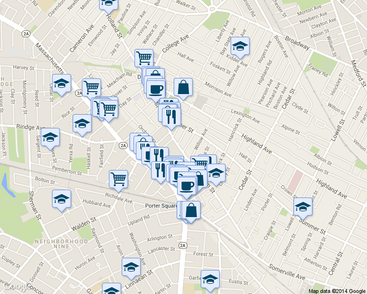 map of restaurants, bars, coffee shops, grocery stores, and more near 25 Beech Street in Cambridge