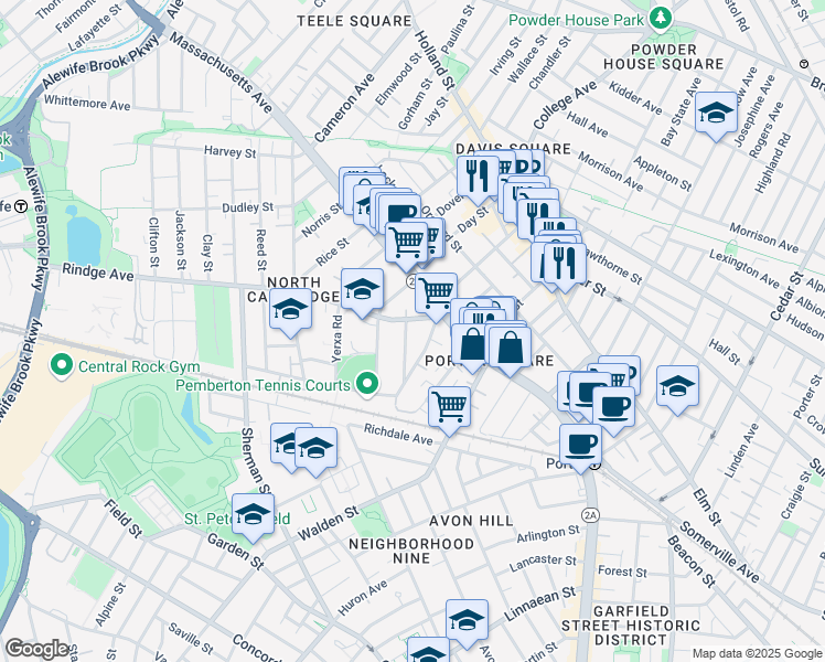 map of restaurants, bars, coffee shops, grocery stores, and more near 35 Pemberton Street in Cambridge
