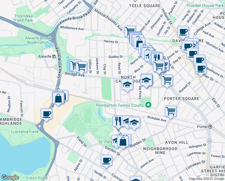 map of restaurants, bars, coffee shops, grocery stores, and more near 159 Sherman Street in Cambridge