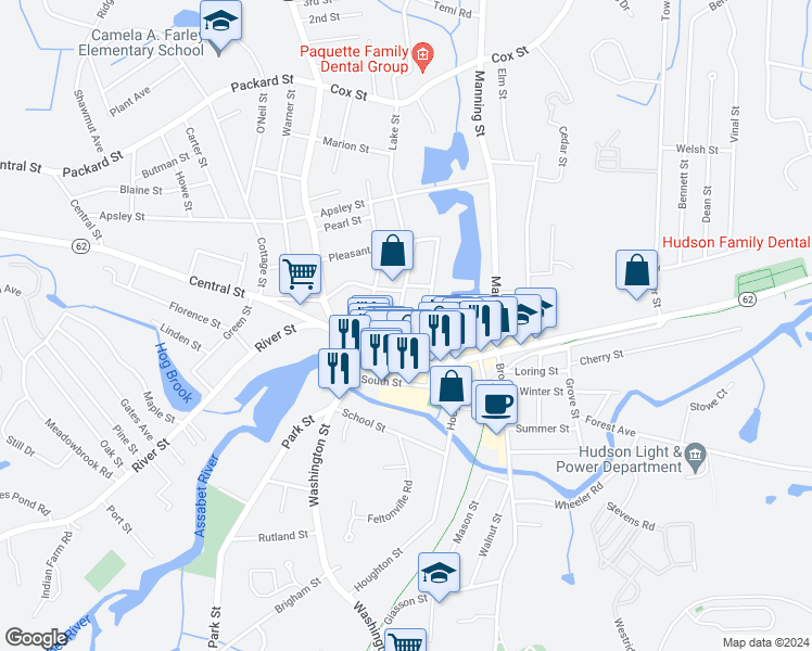 map of restaurants, bars, coffee shops, grocery stores, and more near 79 Pope Street in Hudson