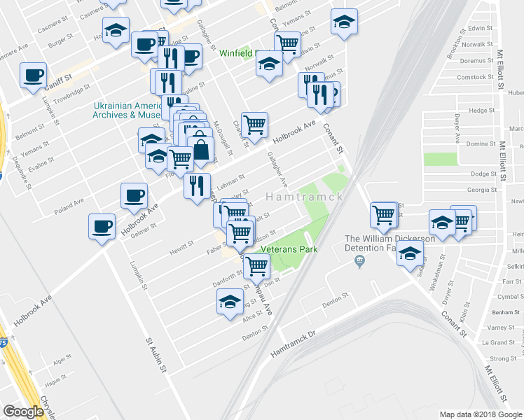 map of restaurants, bars, coffee shops, grocery stores, and more near 3002 Roosevelt Street in Hamtramck