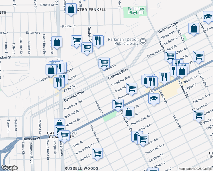map of restaurants, bars, coffee shops, grocery stores, and more near in Detroit