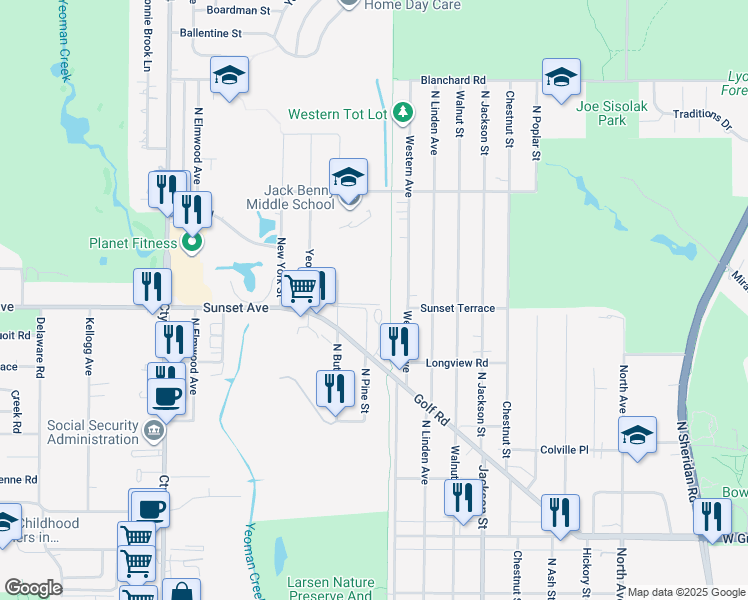map of restaurants, bars, coffee shops, grocery stores, and more near 1212 Golf Road in Waukegan
