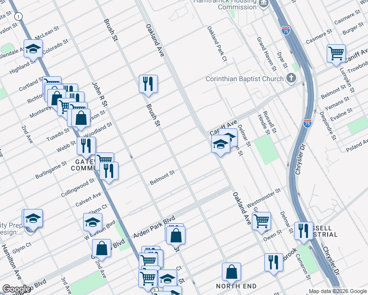 map of restaurants, bars, coffee shops, grocery stores, and more near 553 Belmont Street in Detroit