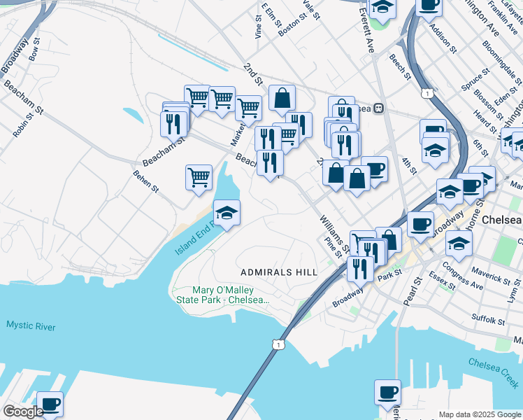 map of restaurants, bars, coffee shops, grocery stores, and more near 325 Commandants Way in Chelsea
