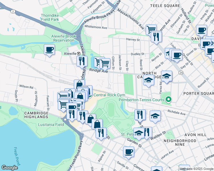 map of restaurants, bars, coffee shops, grocery stores, and more near 320 Rindge Avenue in Cambridge
