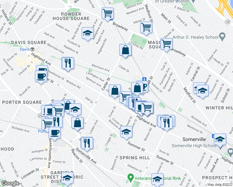 map of restaurants, bars, coffee shops, grocery stores, and more near 257 Highland Avenue in Somerville