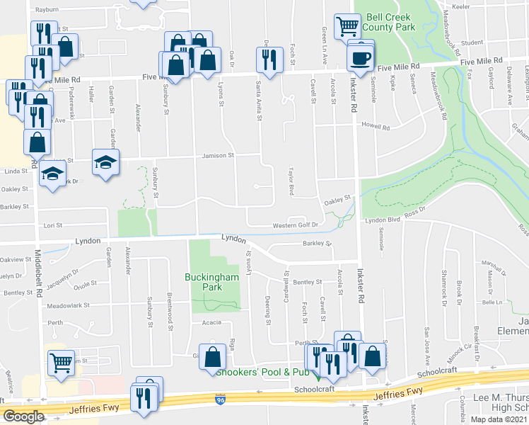 map of restaurants, bars, coffee shops, grocery stores, and more near 27859 Oakley Street in Livonia