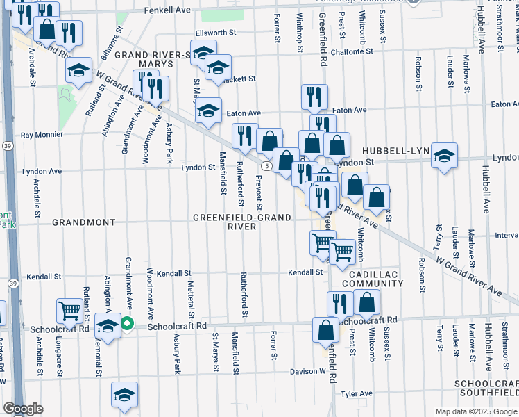 map of restaurants, bars, coffee shops, grocery stores, and more near 14336 Prevost Street in Detroit