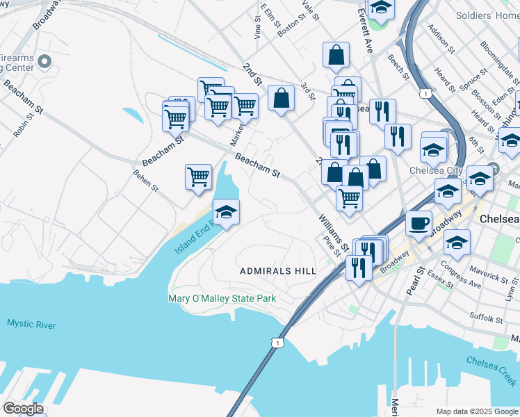 map of restaurants, bars, coffee shops, grocery stores, and more near 1000 Justin Drive in Chelsea