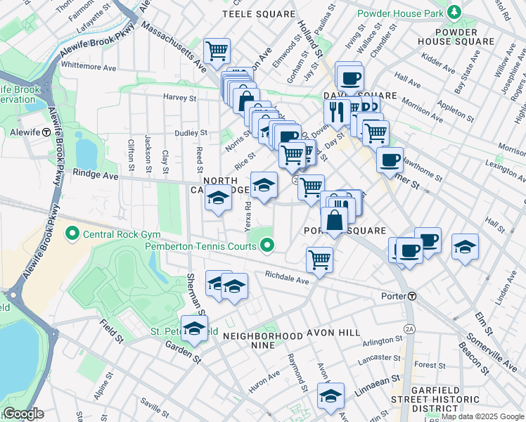 map of restaurants, bars, coffee shops, grocery stores, and more near 70 Rindge Avenue in Cambridge