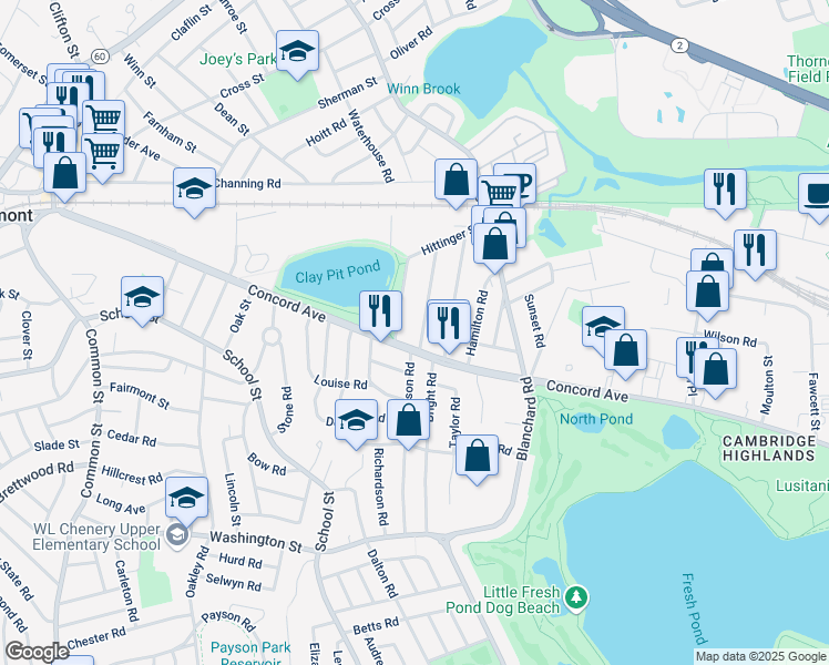 map of restaurants, bars, coffee shops, grocery stores, and more near 38 Trowbridge Street in Belmont
