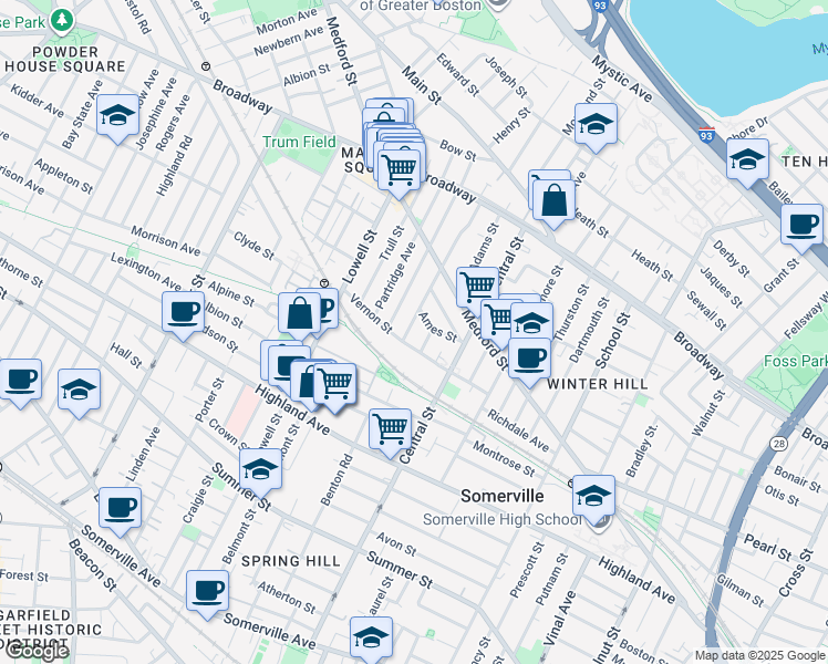 map of restaurants, bars, coffee shops, grocery stores, and more near 9 Bartlett Street in Somerville