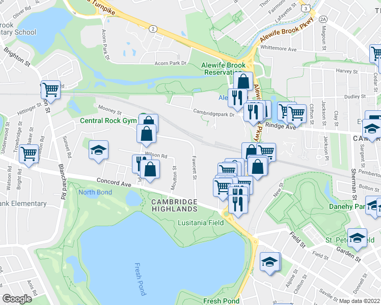 map of restaurants, bars, coffee shops, grocery stores, and more near 110 Fawcett Street in Cambridge