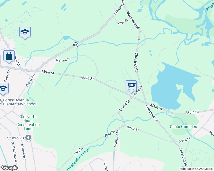 map of restaurants, bars, coffee shops, grocery stores, and more near Main Street in Hudson