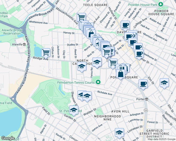 map of restaurants, bars, coffee shops, grocery stores, and more near 120 Rindge Avenue in Cambridge