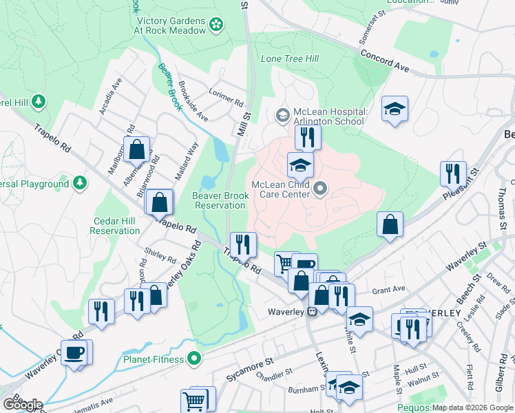 map of restaurants, bars, coffee shops, grocery stores, and more near 47 South Cottage Road in Belmont