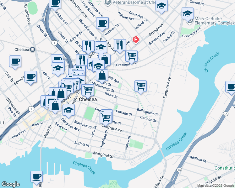 map of restaurants, bars, coffee shops, grocery stores, and more near 77 Library Street in Chelsea