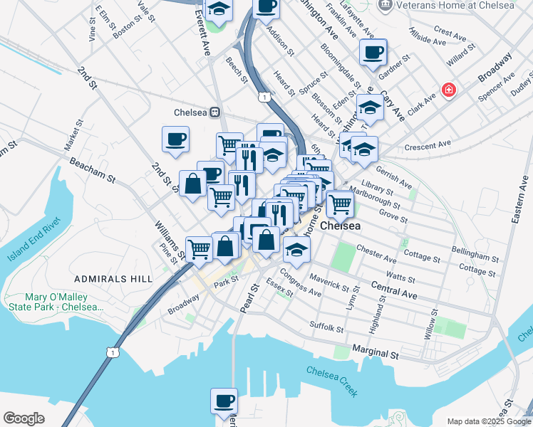 map of restaurants, bars, coffee shops, grocery stores, and more near 69 4th Street in Chelsea