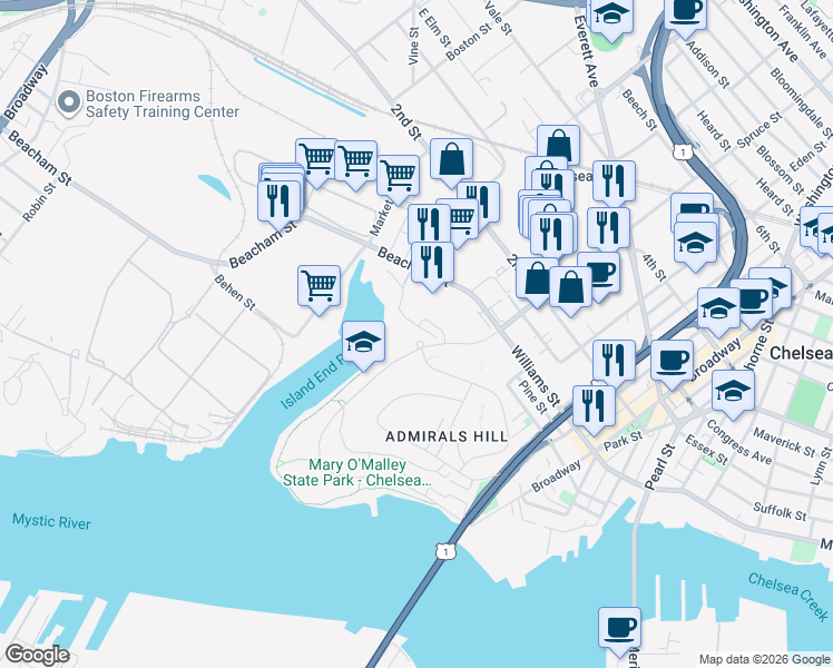 map of restaurants, bars, coffee shops, grocery stores, and more near 1000 Justin Drive in Chelsea
