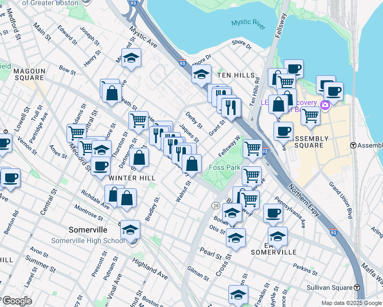 map of restaurants, bars, coffee shops, grocery stores, and more near 11 Sewall Street in Somerville