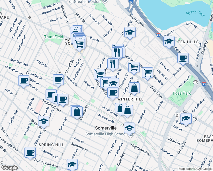 map of restaurants, bars, coffee shops, grocery stores, and more near 155 Central Street in Somerville