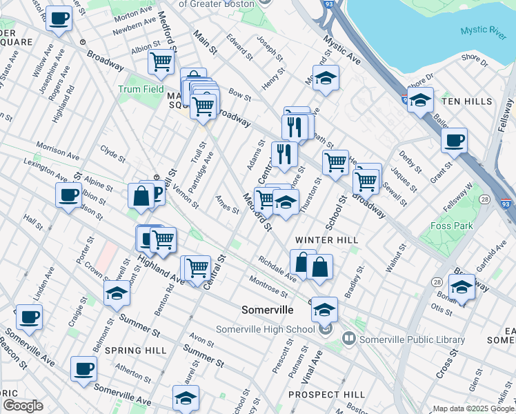 map of restaurants, bars, coffee shops, grocery stores, and more near 155 Central Street in Somerville