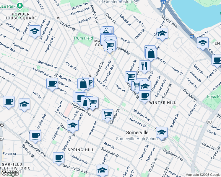 map of restaurants, bars, coffee shops, grocery stores, and more near 28 Bartlett Street in Somerville
