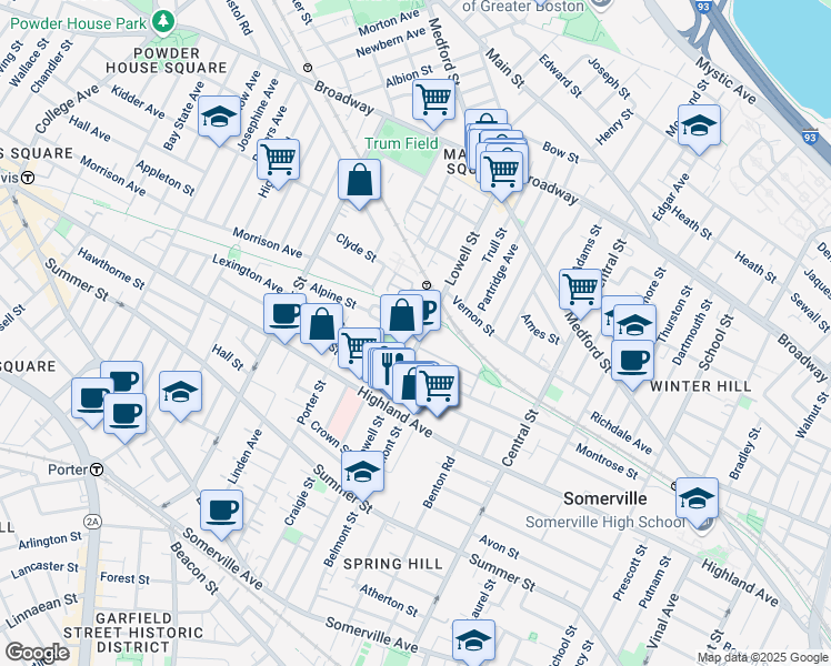 map of restaurants, bars, coffee shops, grocery stores, and more near 24 Princeton Street in Somerville