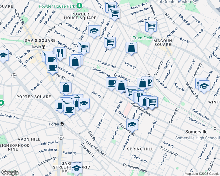 map of restaurants, bars, coffee shops, grocery stores, and more near 124 Cedar Street in Somerville