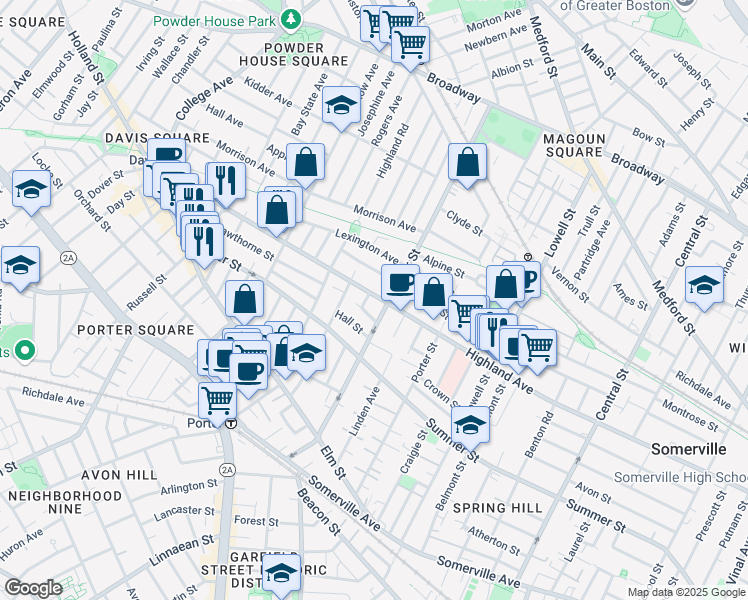 map of restaurants, bars, coffee shops, grocery stores, and more near 307 Highland Avenue in Somerville