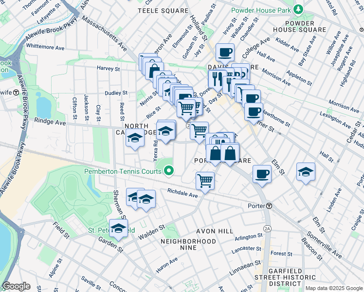 map of restaurants, bars, coffee shops, grocery stores, and more near 22 Haskell Street in Cambridge