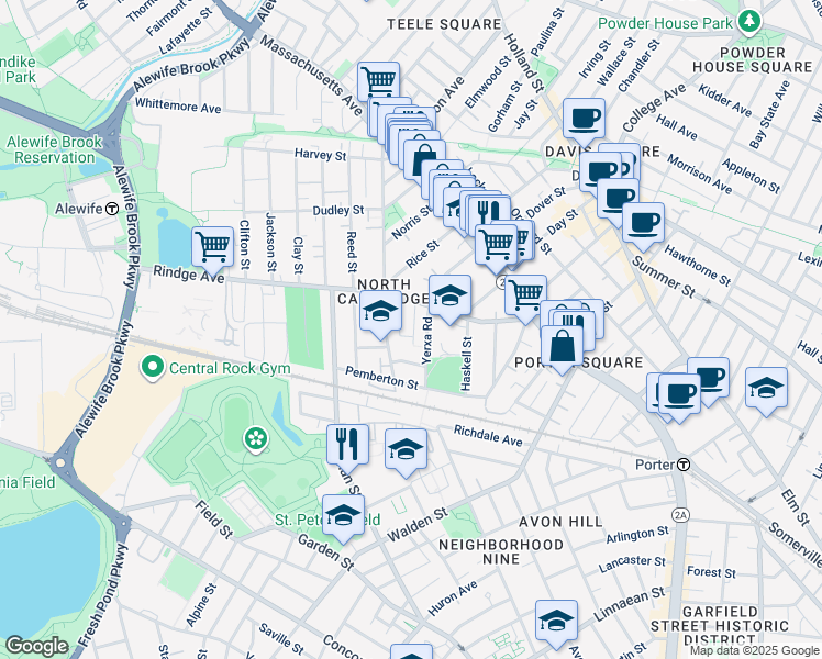 map of restaurants, bars, coffee shops, grocery stores, and more near 142 Rindge Avenue in Cambridge