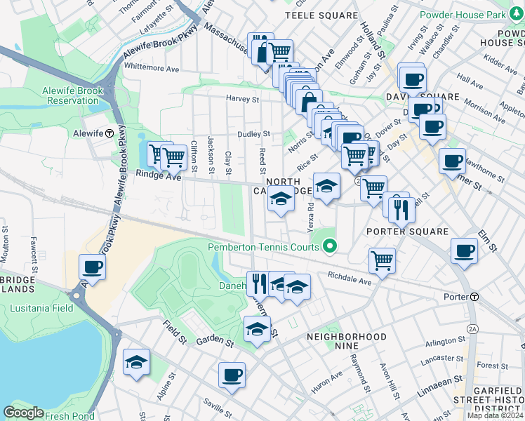map of restaurants, bars, coffee shops, grocery stores, and more near in Cambridge