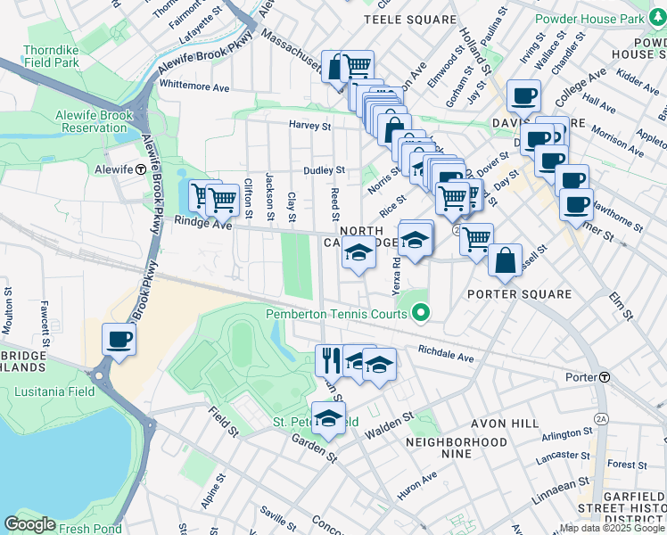 map of restaurants, bars, coffee shops, grocery stores, and more near in Cambridge