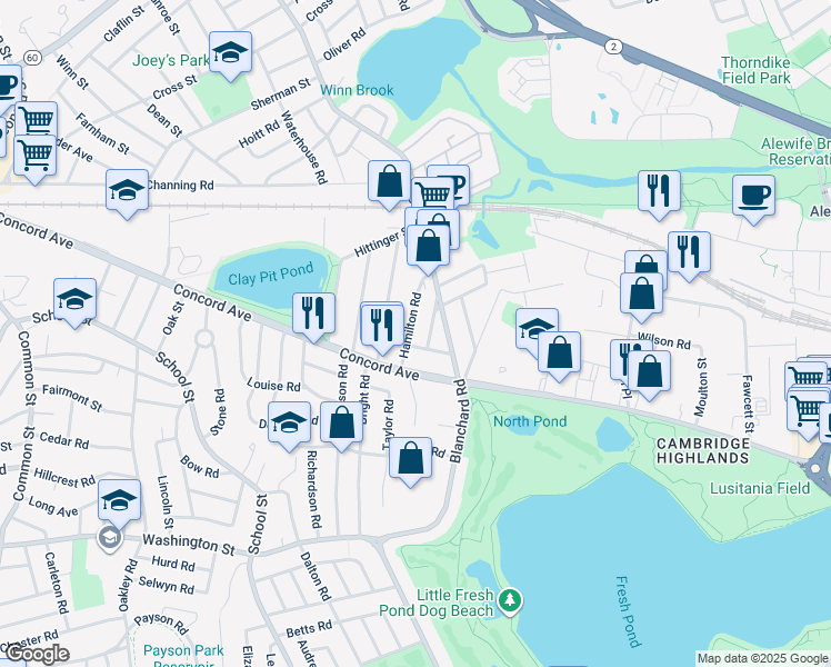 map of restaurants, bars, coffee shops, grocery stores, and more near 32 Colby Street in Belmont