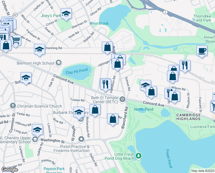 map of restaurants, bars, coffee shops, grocery stores, and more near 47 Baker Street in Belmont
